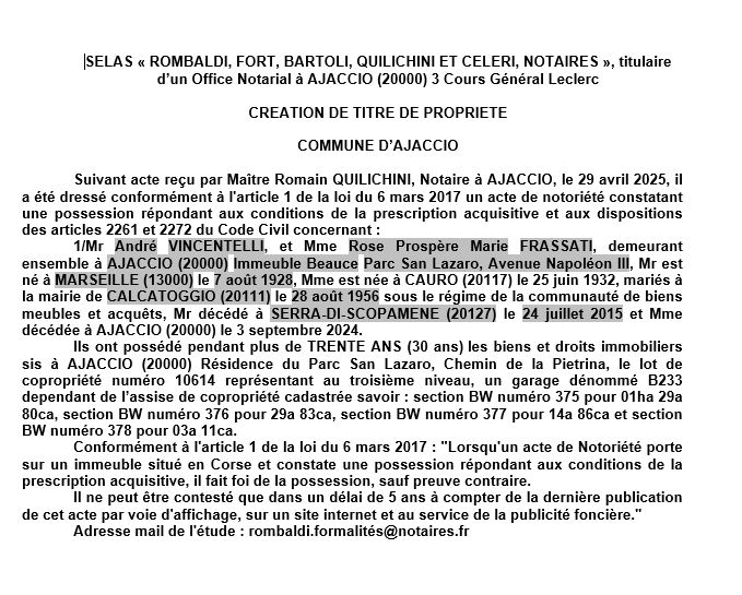 Avis de création de titre de propriété - Commune d'Aiacciu (Pumonti)