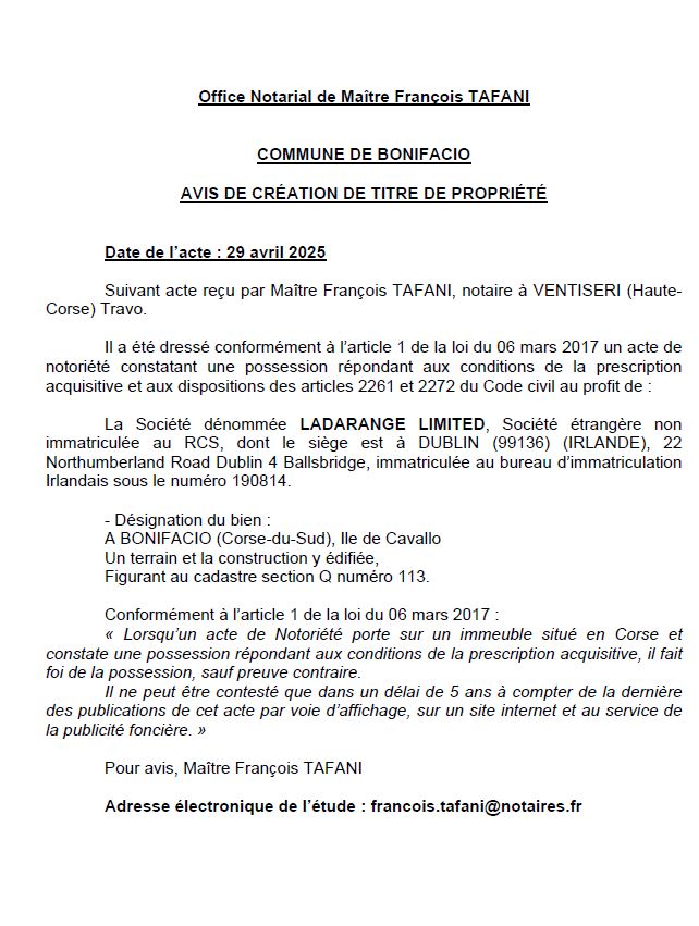 Avis de création de titre de propriété - Commune de Bonifaziu (Pumonti)