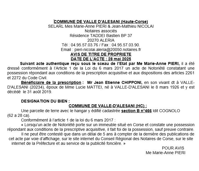 Avis de création de titre de propriété - Commune d'E Valli d'Alisgiani (Cismonte)