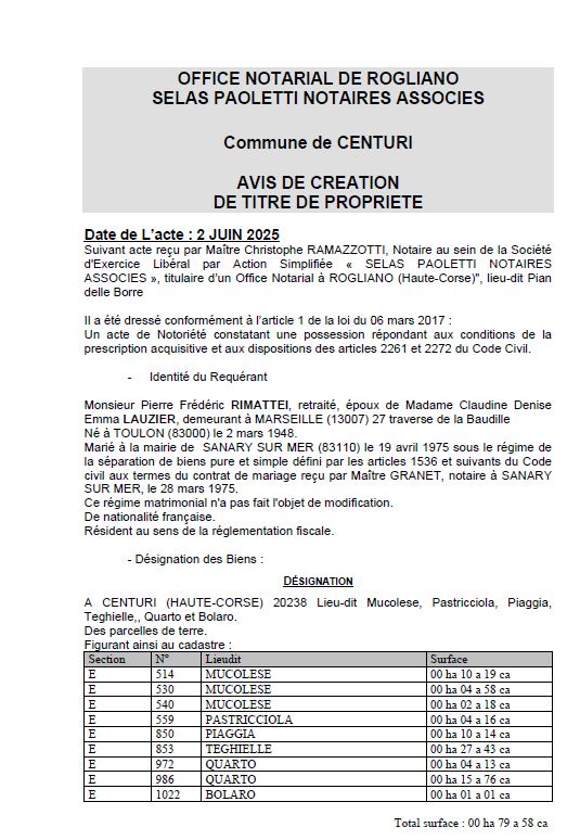 Avis de création de titre de propriété - Commune de Centuri (Cismonte)
