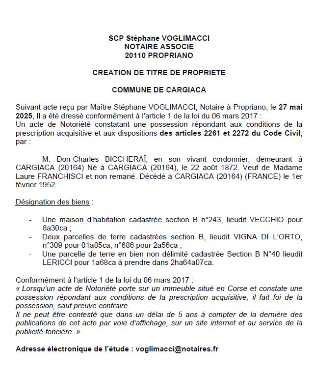 Avis de création de titre de propriété - Commune de Carghjaca (Pumonti)