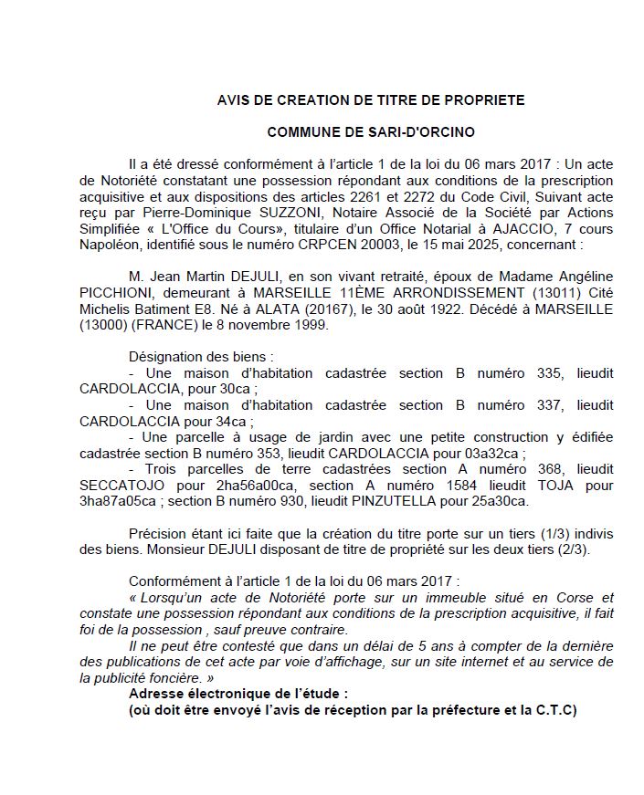 Avis de création de titre de propriété - Commune de Sari d'Urcinu (Pumonti)