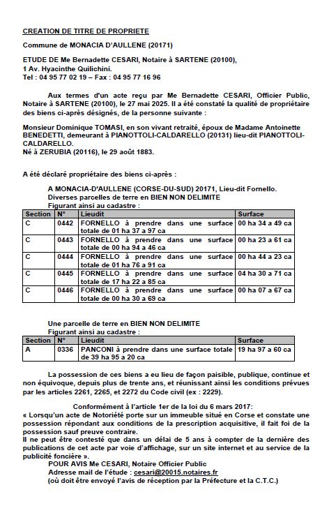 Avis de création de titre de propriété - Commune d'A Munacia d'Auddè (Pumonti)