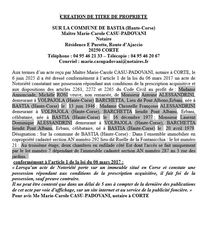 Avis de création de titre de propriété - Commune de Bastia (Cismonte)