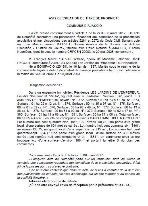Avis de création de titre de propriété - Commune d'Aiacciu (Pumonti)