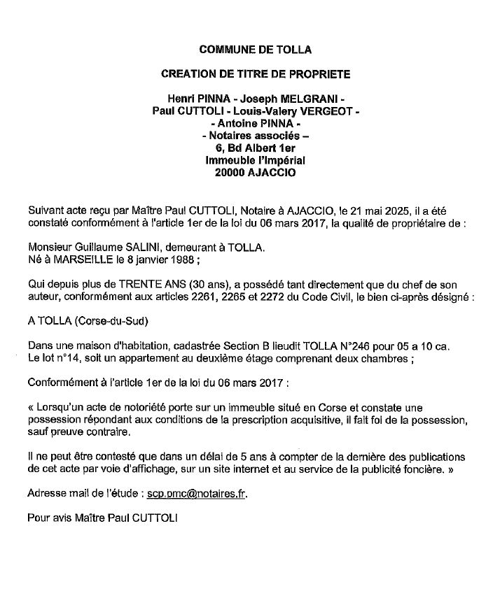 Avis de création de titre de propriété - Commune de Todda (Pumonti)