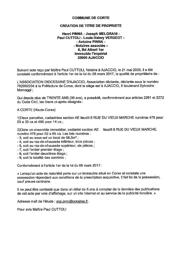 Avis de création de titre de propriété - Commune de Corti (Cismonte)