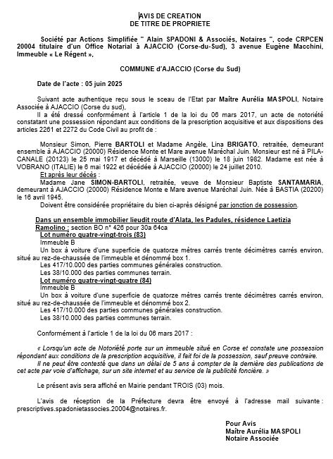 Avis de création de titre de propriété - Commune d'Aiacciu (Pumonti)