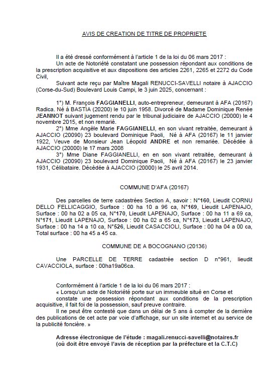 Avis de création de titre de propriété - Communes d'Afa et Bucugnà (Pumonti)
