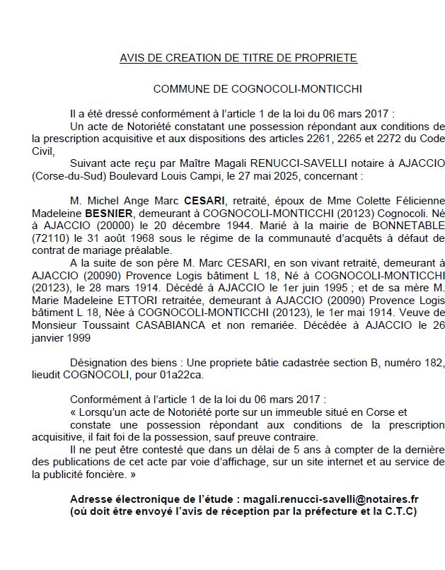 Avis de création de titre de propriété - Commune de Cugnoculu è Muntichji (Pumonti)