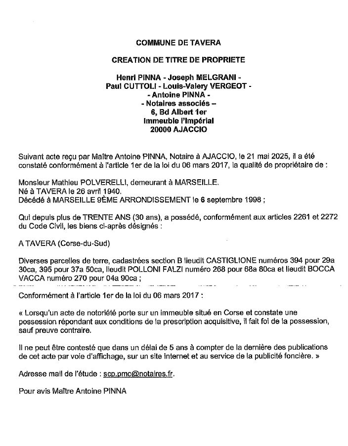 Avis de création de titre de propriété - Commune de Tavera (Pumonti)