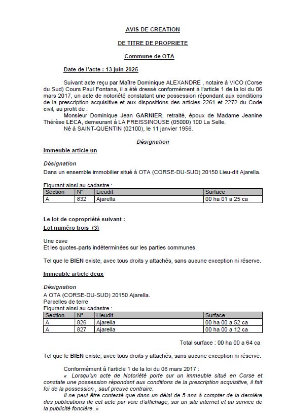 Avis de création de titre de propriété - Commune d'Ota (Pumonti)