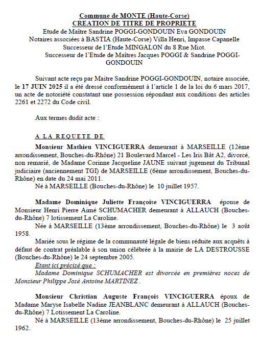 Avis de création de titre de propriété - Commune d'U Monte (Cismonte)