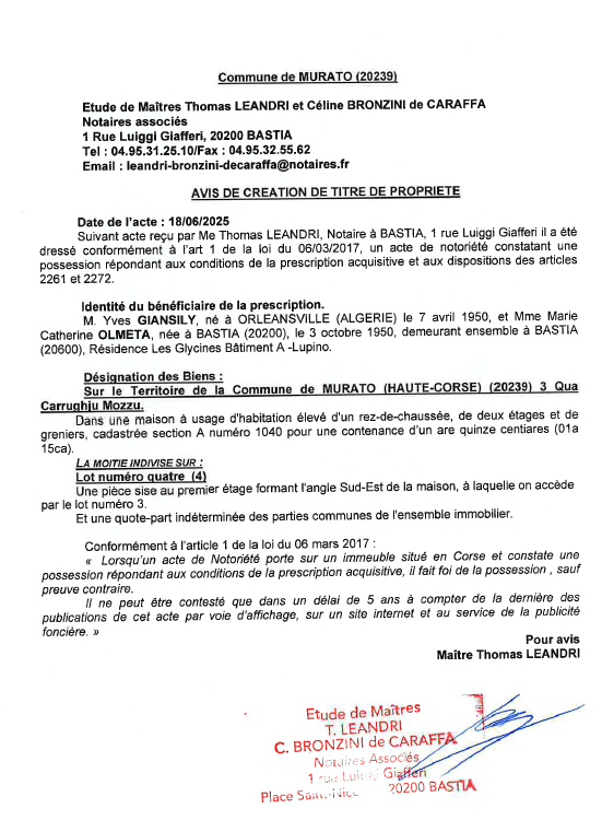 Avis de création de titre de propriété - Commune de Muratu (Cismonte)