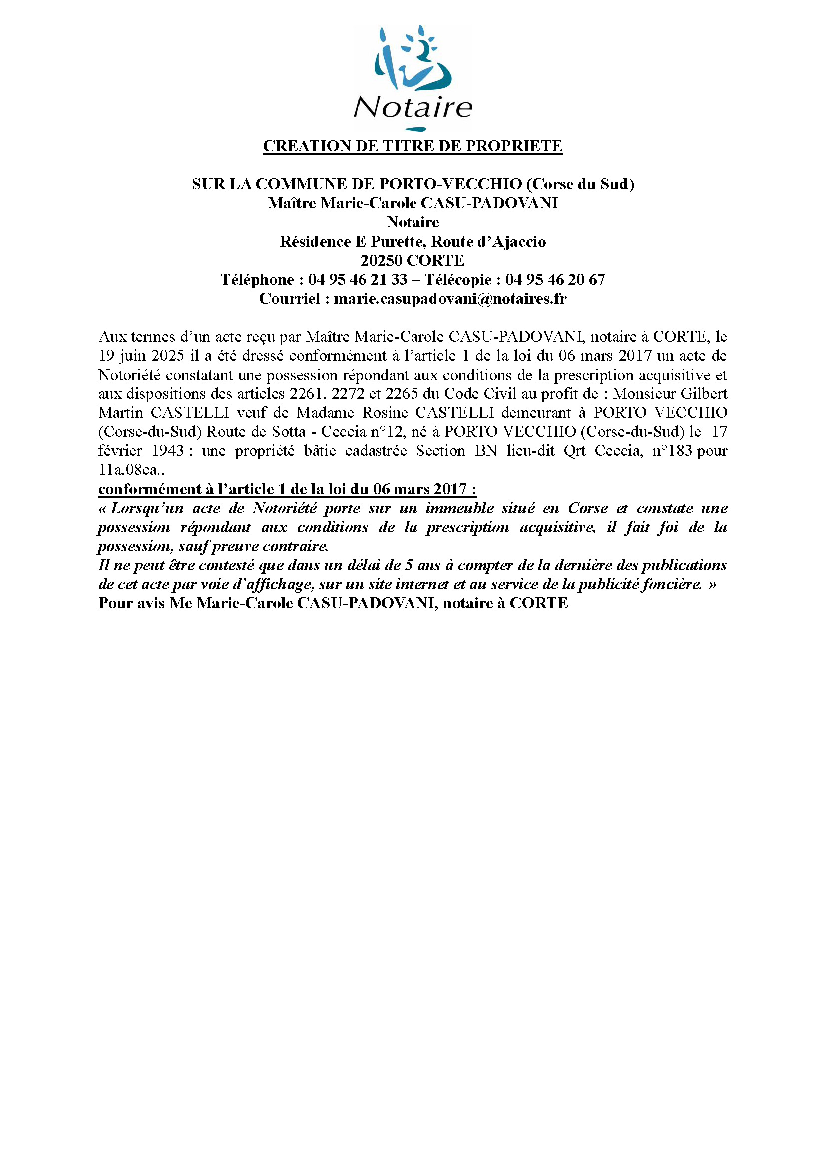 Avis de création de titre de propriété - Commune de Portivechju (Pumonti)