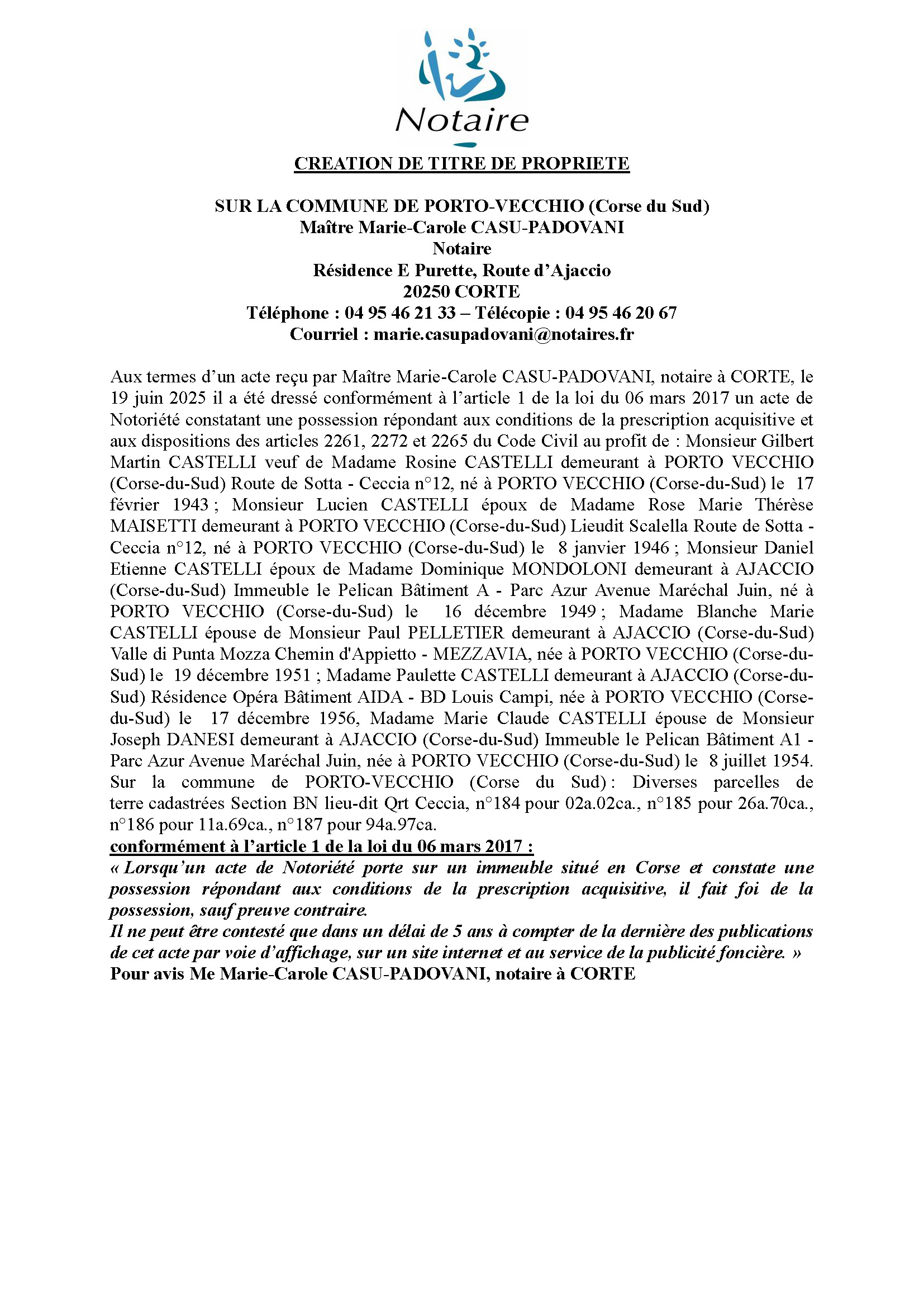 Avis de création de titre de propriété - Commune de Portivechju (Pumonti)