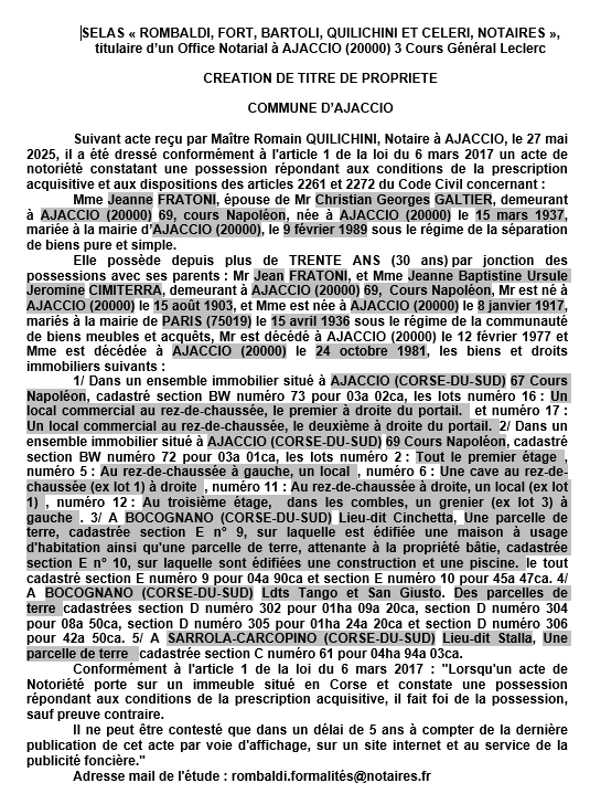 Avis de création de titre de propriété - Communes d'Aiacciu, Sarrula è Carcupinu et Bucugnà (Pumonti)