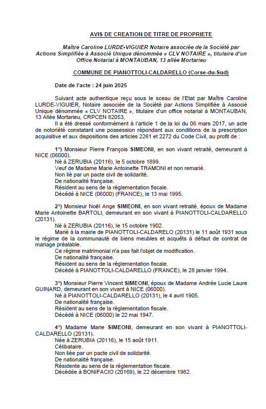  Avis de création de titre de propriété - Commune de Pianottuli è Caldareddu (Pumonti)