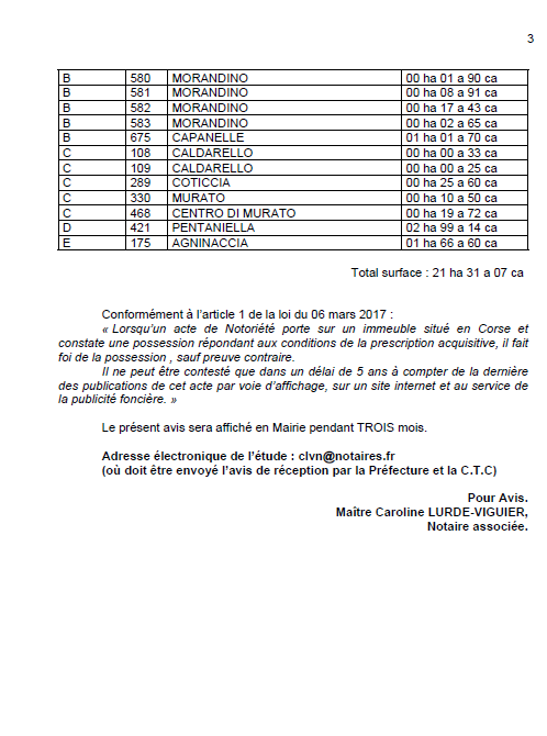  Avis de création de titre de propriété - Commune de Pianottuli è Caldareddu (Pumonti)