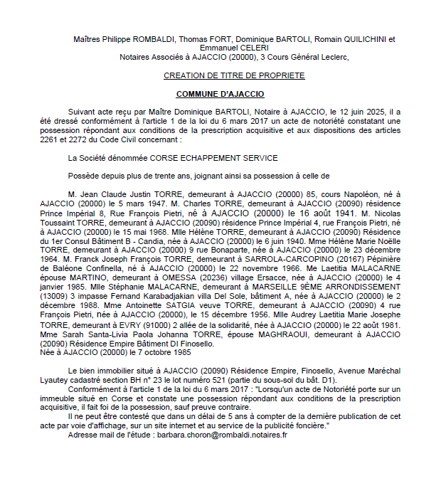 Avis de création de titre de propriété - Commune d'Aiacciu (Pumonti)