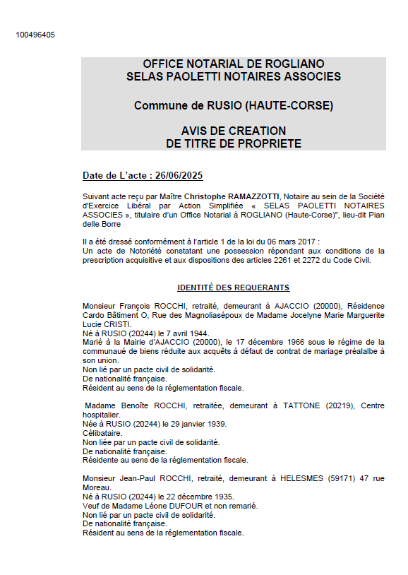 Avis de création de titre de propriété - Commune de Rusiu (Cismonte)