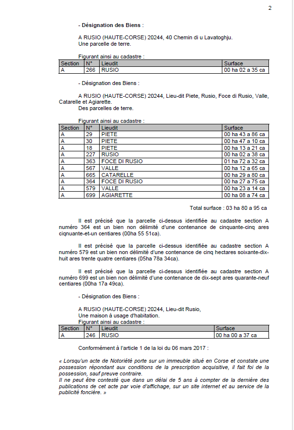 Avis de création de titre de propriété - Commune de Rusiu (Cismonte)