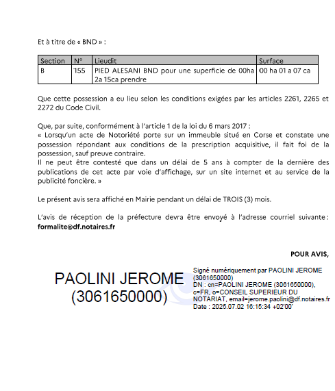 Avis de création de titre de propriété - Commune de L'Ortale (Cismonte)