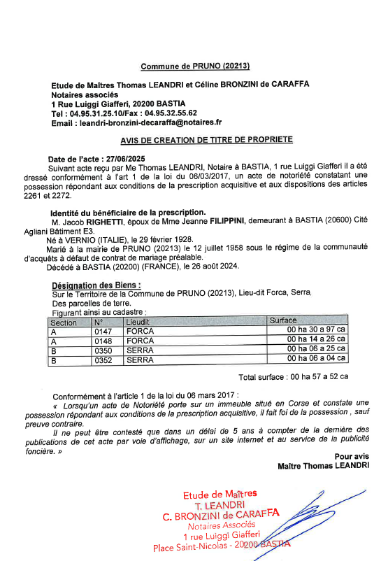 Avis de création de titre de propriété - Commune d'U Prunu (Cismonte)
