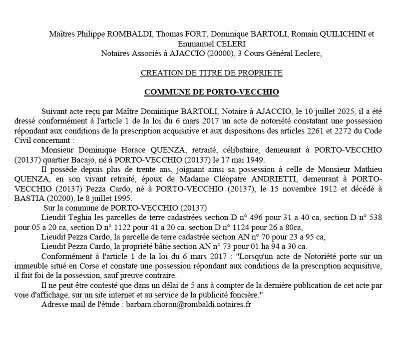 Avis de création de titre de propriété - Commune de Portivechju (Pumonti)