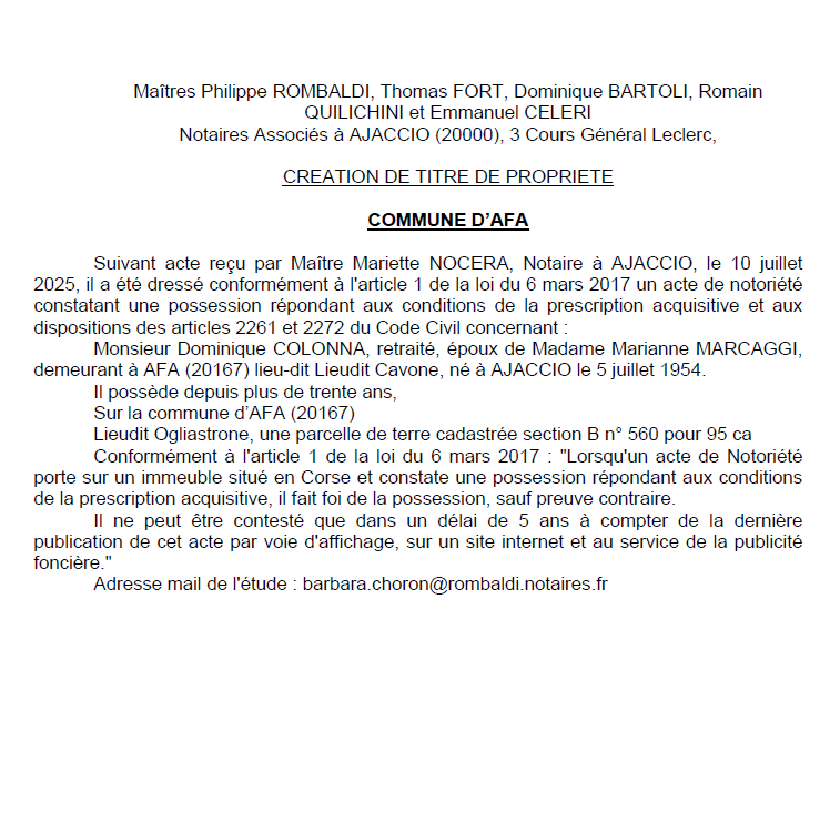 Avis de création de titre de propriété - Commune d'Afa (Pumonti)