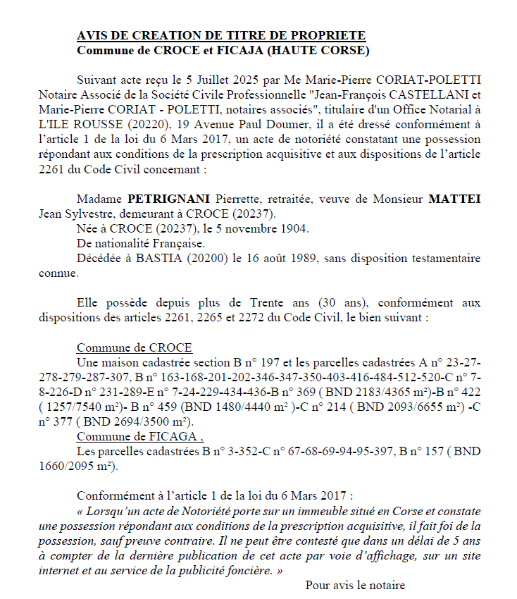 Avis de création de titre de propriété - Communes de A Croce et Ficaghja (Cismonte)