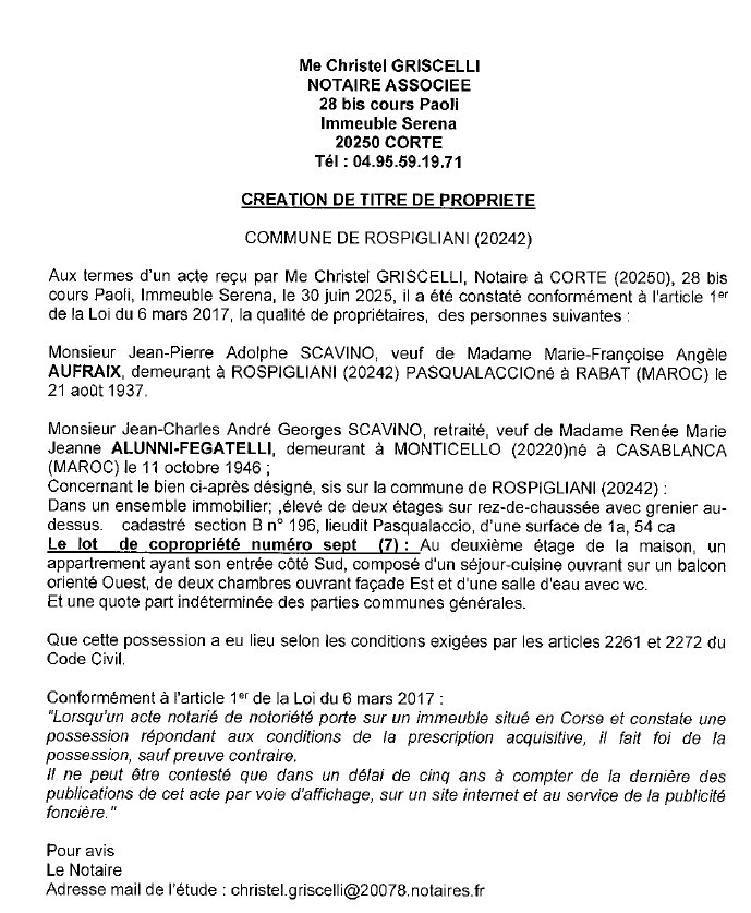 Avis de création de titre de propriété - Commune de Ruspigliani (Cismonte)