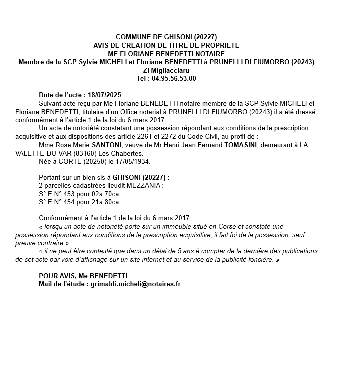 Avis de création de titre de propriété - Commune de Ghisoni (Cismonte)