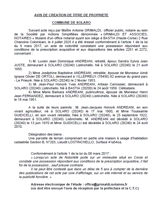 Avis de création de titre de propriété - Commune d'U Sulaghju (Pumonti)