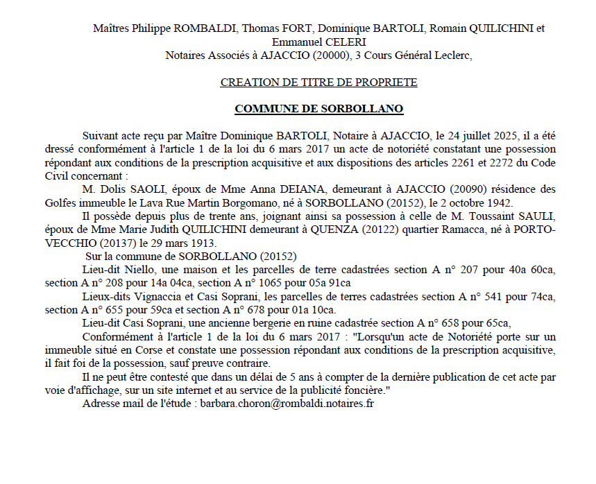 Avis de création de titre de propriété - Commune de Surbuddà (Pumonti)