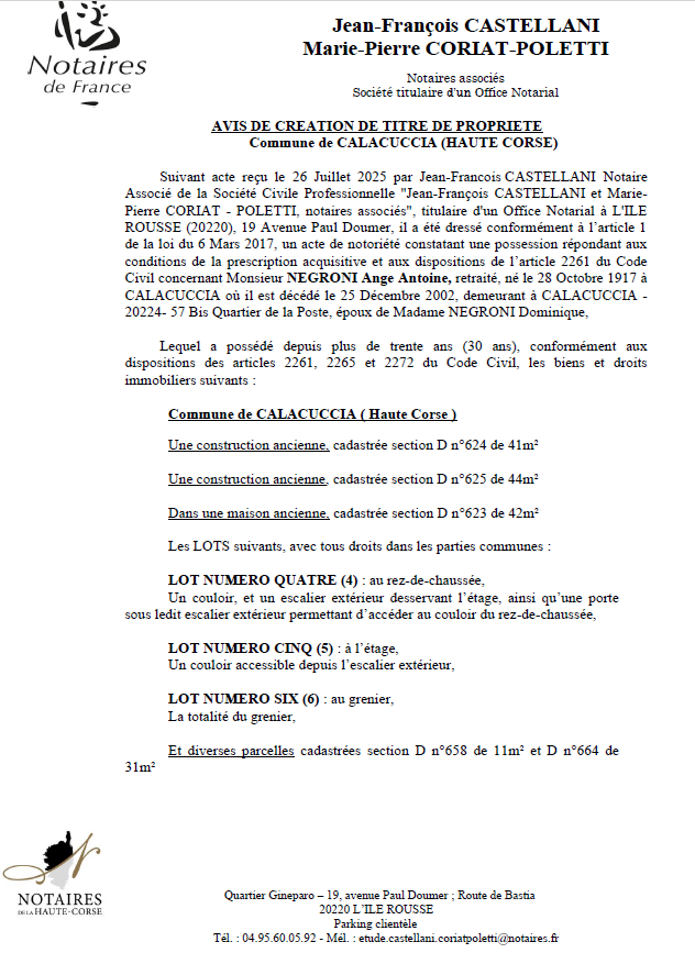 Avis de création de titre de propriété - Commune de Calacuccia (Cismonte)