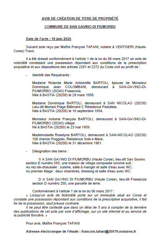 Avis de création de titre de propriété - Commune de San Gavinu di Fiumorbu (Cismonte)