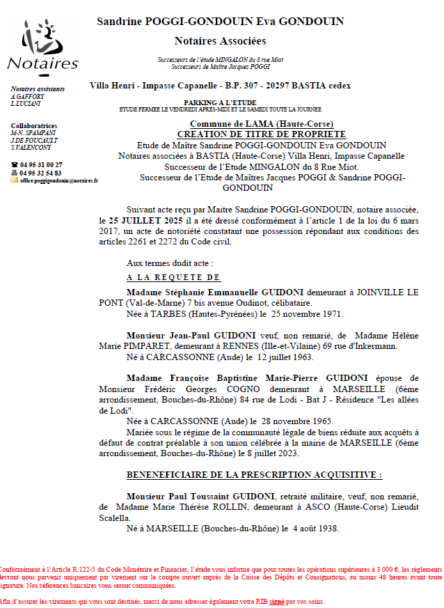 Avis de création de titre de propriété - Commune de Lama (Cismonte)