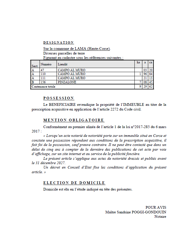 Avis de création de titre de propriété - Commune de Lama (Cismonte)