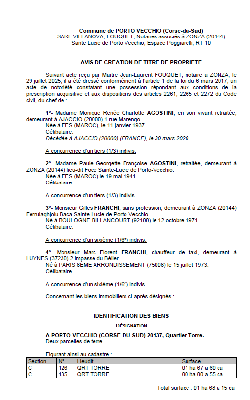 Avis de création de titre de propriété - Commune de Portivechju (Pumonti)