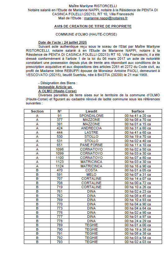 Avis de création de titre de propriété - Commune de L'Olmu (Cismonte)