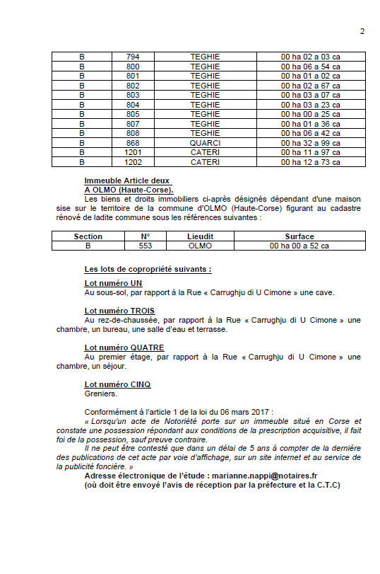 Avis de création de titre de propriété - Commune de L'Olmu (Cismonte)
