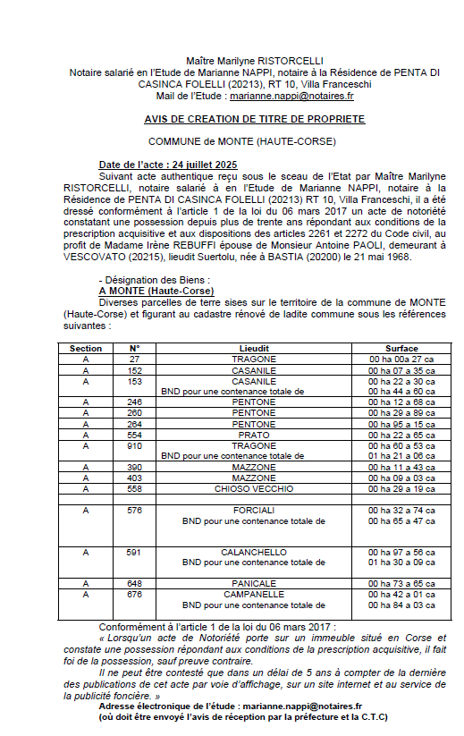Avis de création de titre de propriété - Commune d'U Monte (Cismonte)