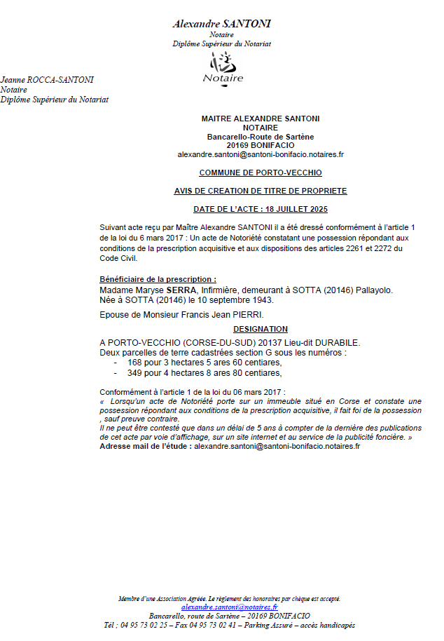 Avis de création de titre de propriété - Commune de Portivechju (Pumonti)