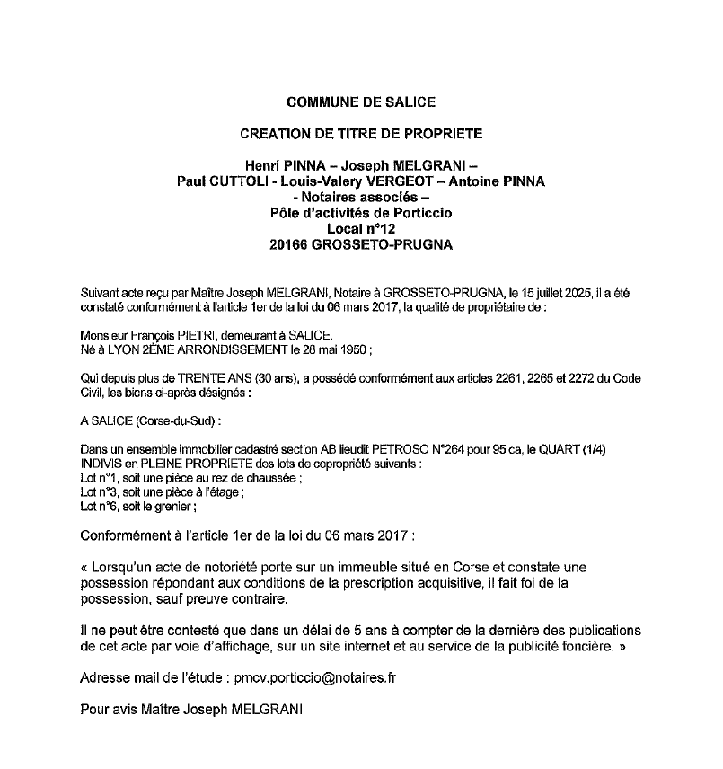 Avis de création de titre de propriété - Commune d'U Salge (Pumonti)