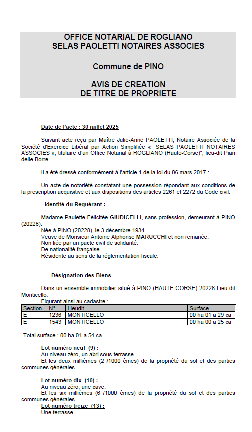 Avis de création de titre de propriété - Commune de Pinu (Cismonte)