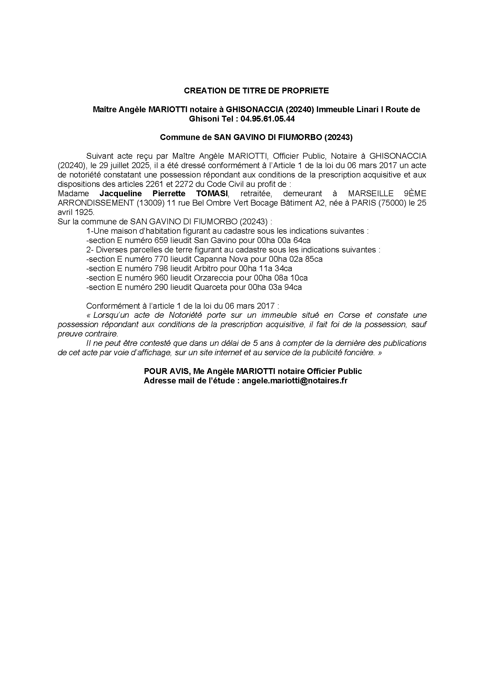 Avis de création de titre de propriété - Commune de San Gavinu di Fiumorbu (Cismonte)