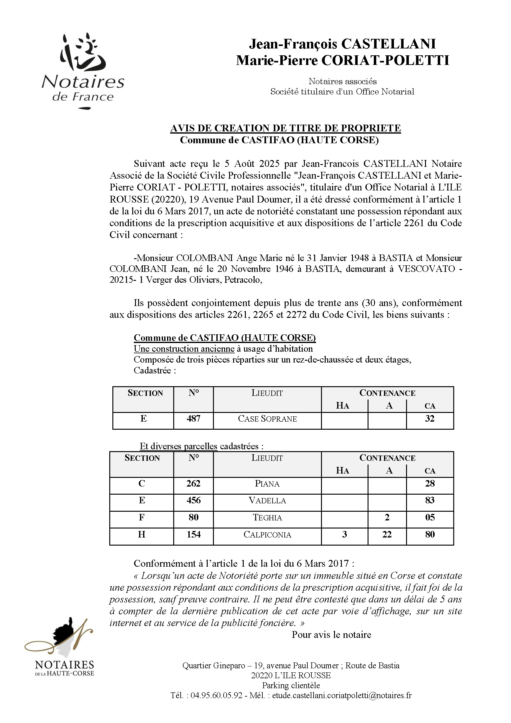 Avis de création de titre de propriété - Commune de Castifau (Cismonte)