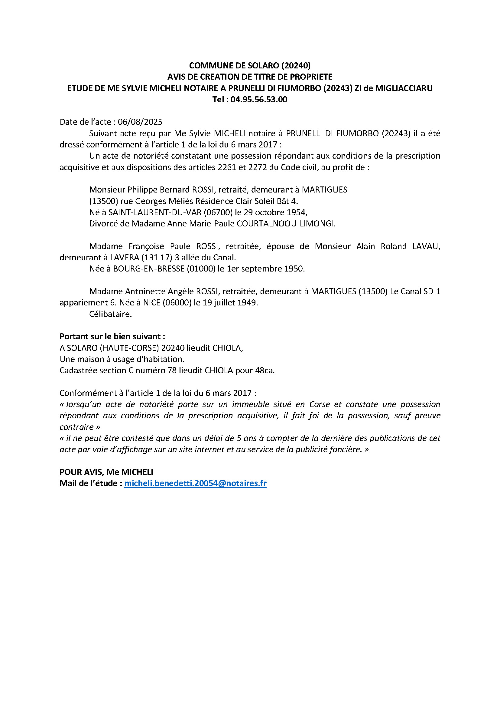 Avis de création de titre de propriété - Commune de U Sulaghju (Cismonte)