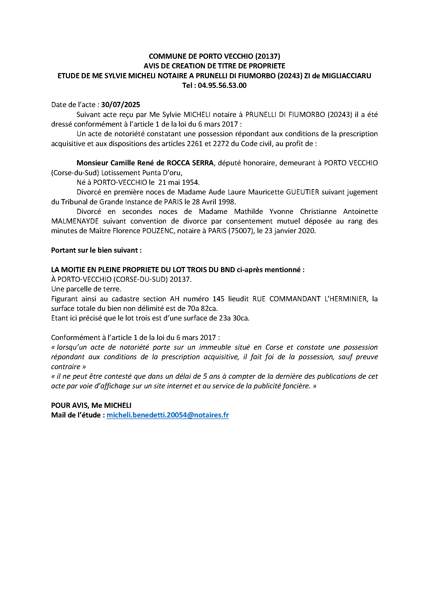 Avis de création de titre de propriété - Commune de Portivechju (Pumonti)